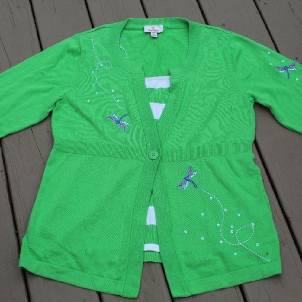 Quacker Factory Lime Green Dragonfly Cotton Top M